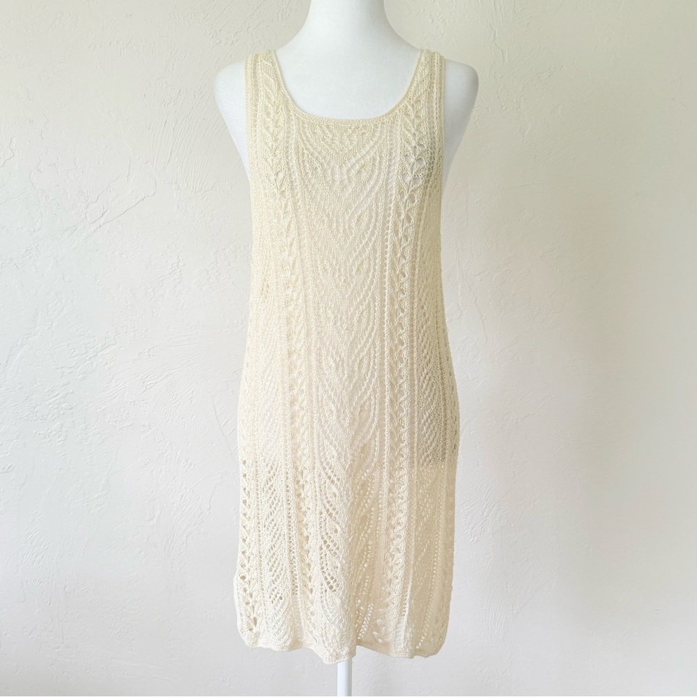 Vintage Ralph Lauren Crochet Open Knit Cream Linen Mini Dress / Coverup M